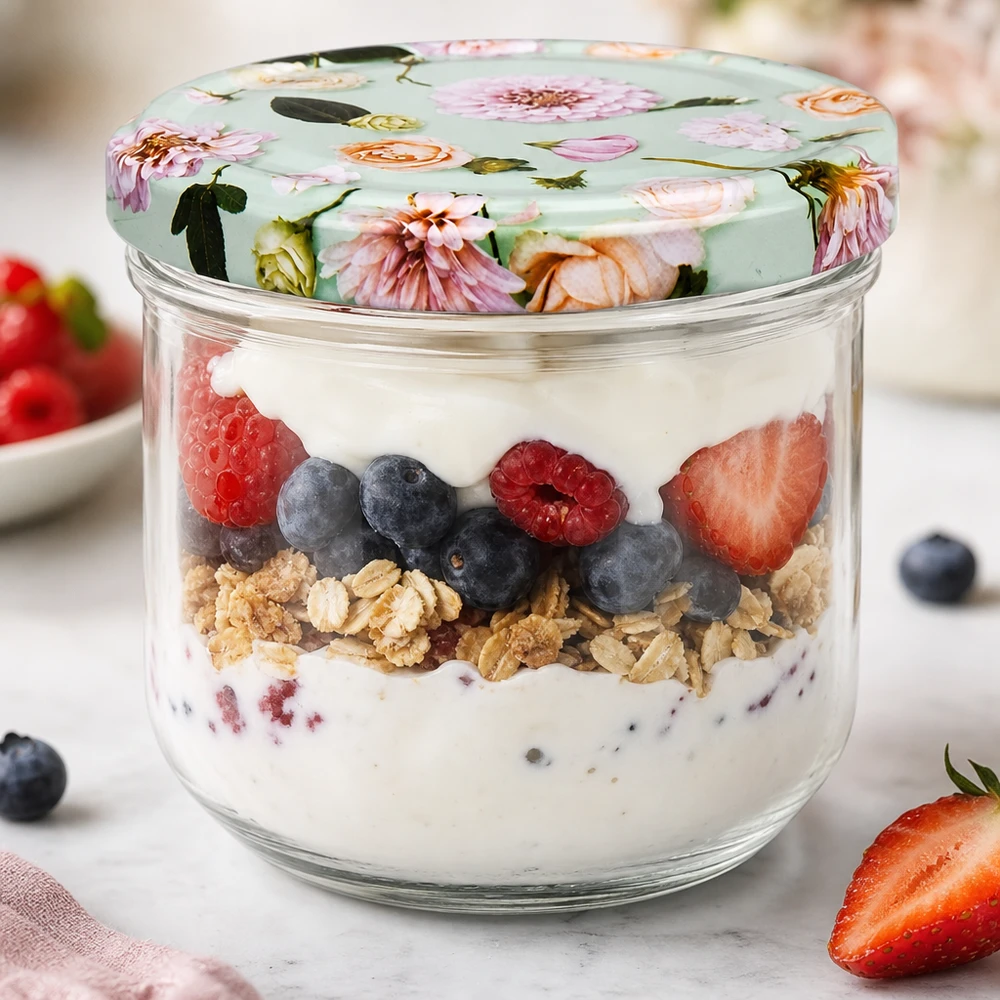 260ml tumbler + BasicSeal coperchio fiore menta UNiTWIST Bicchierini da 260 ml con coperchio a fiore riempiti con semifreddo allo yogurt e frutti di bosco come esempio per i dolci