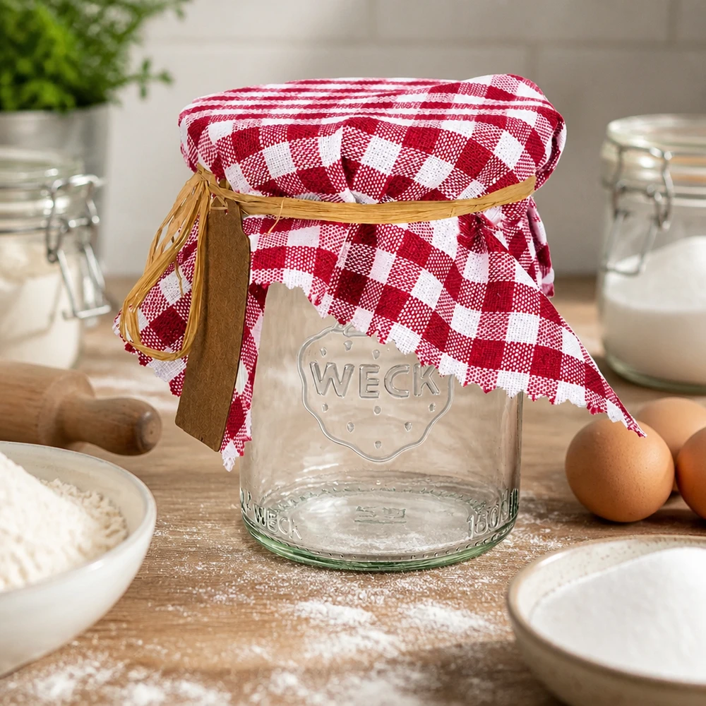Centrino in tessuto bordeaux a scacchi 15cm su vaso Weck in cucina con uova farina e utensili da cucina come accessori da forno
