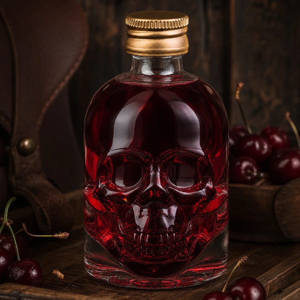 Bottiglia in vetro da 50 ml Hector con tappo a vite oro UNiTWIST® Flacone da 50 ml in vetro con disegno di teschio Hector e contenuto rosso ciliegia circondato da ciliegie fresche su legno rustico