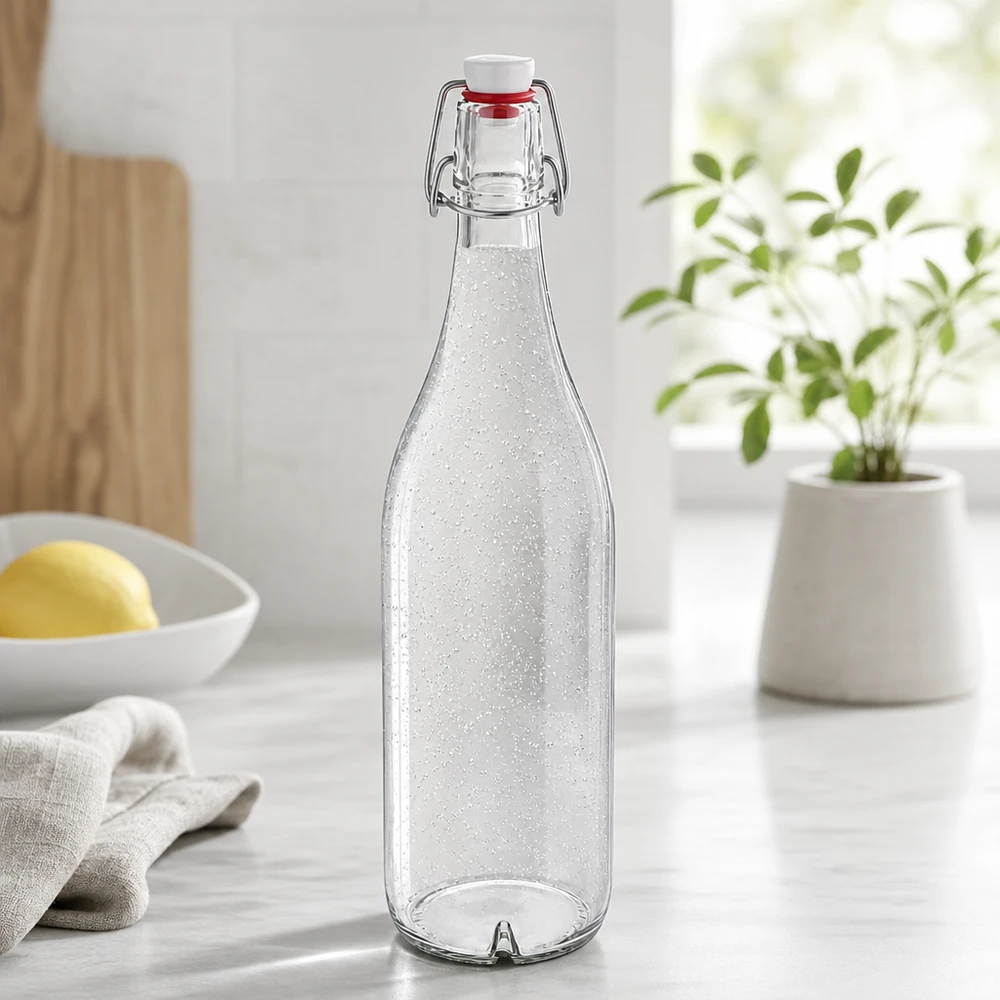 Bottiglia di vetro da 1000 ml + tappo girevole in PVC UNiTWIST Bottiglia in vetro da 1000 ml con tappo a battente in PVC UNiTWIST riempita di acqua frizzante nella cucina moderna Lifestyle