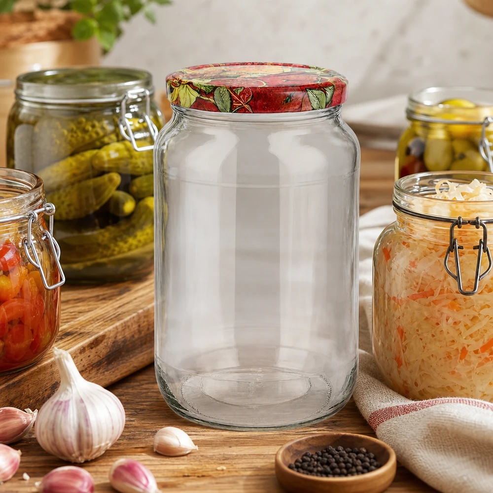 Barattolo rotondo da 1062 ml + coperchio BasicSeal per frutta... 1062ml barattolo rotondo vuoto scenario cucina BasicSeal coperchio frutta decorazione circondato da barattoli di conservazione aglio pepe tavola di legno
