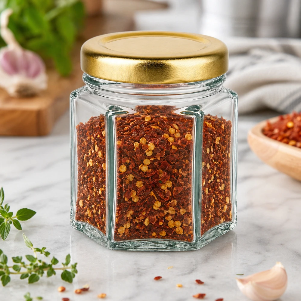 Vasetto di miele esagonale da 60 g riempito di scaglie di peperoncino su tavolo di marmo con erbe aromatiche e coperchio BasicSeal dorato