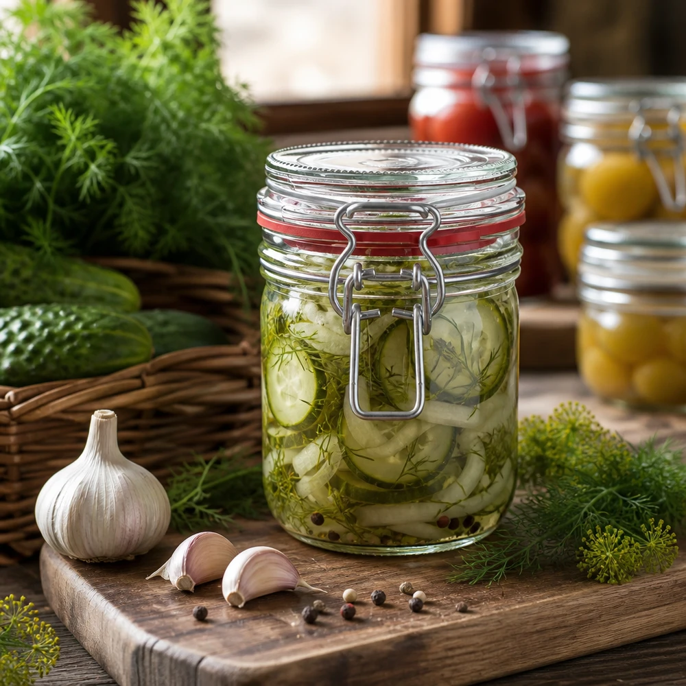 Barattolo da 400 ml con tappo girevole, ideale per conservare cetriolini e verdure.