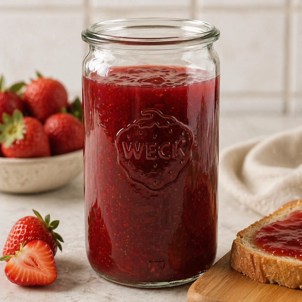 Il barattolo cilindrico RR60 da 340 ml di WECK riempito di marmellata di fragole mostra il suo pratico utilizzo come barattolo da conserva in cucina