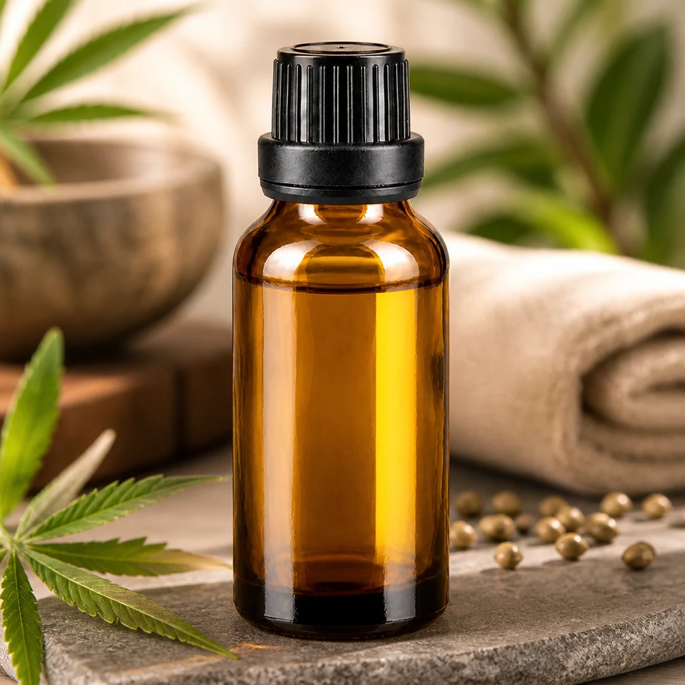 Flacone di vetro da 20 ml color ambra con tappo contagocce nero, accanto a una foglia di cannabis e a dei semi di canapa