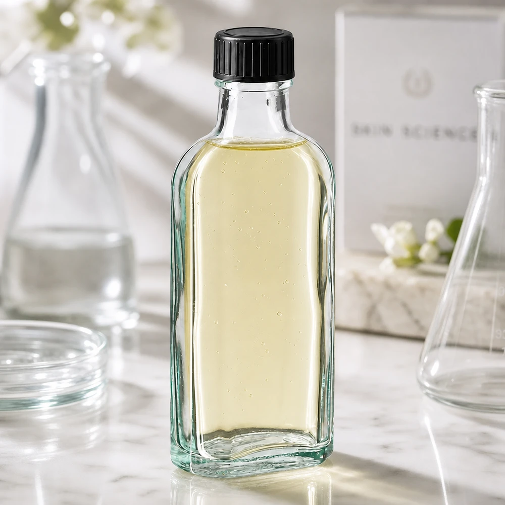 Flacone Meplat da 100 ml in vetro trasparente, riempito con un liquido giallastro e dotato di tappo a vite nero