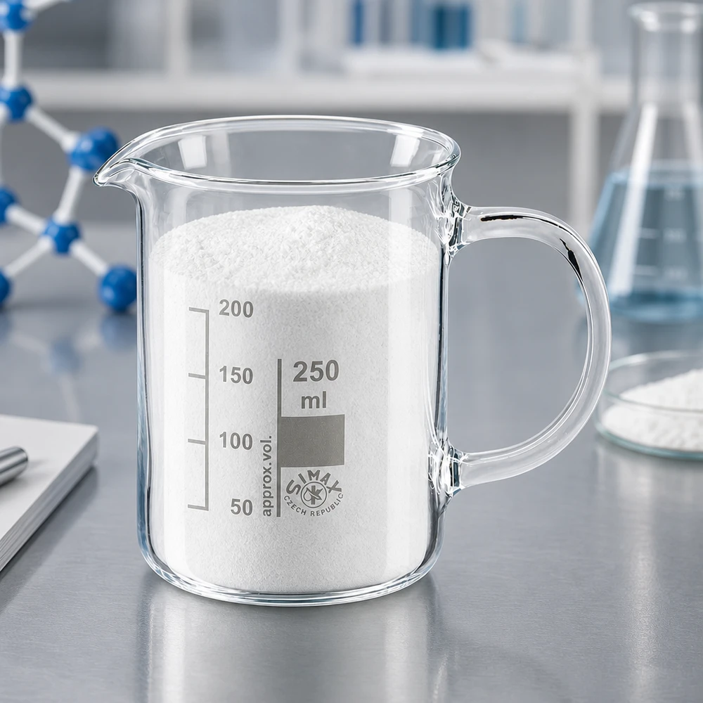 Becher da 250 ml in vetro borosilicato con manico, riempito di polvere bianca in laboratorio