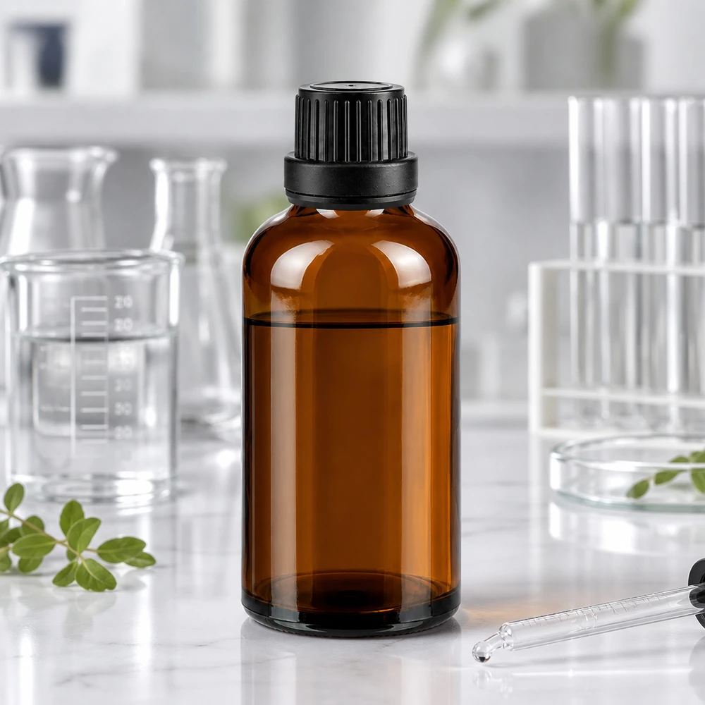 Flacone da farmacia da 50 ml in vetro ambrato con tappo originale nero, su un piano di marmo in laboratorio