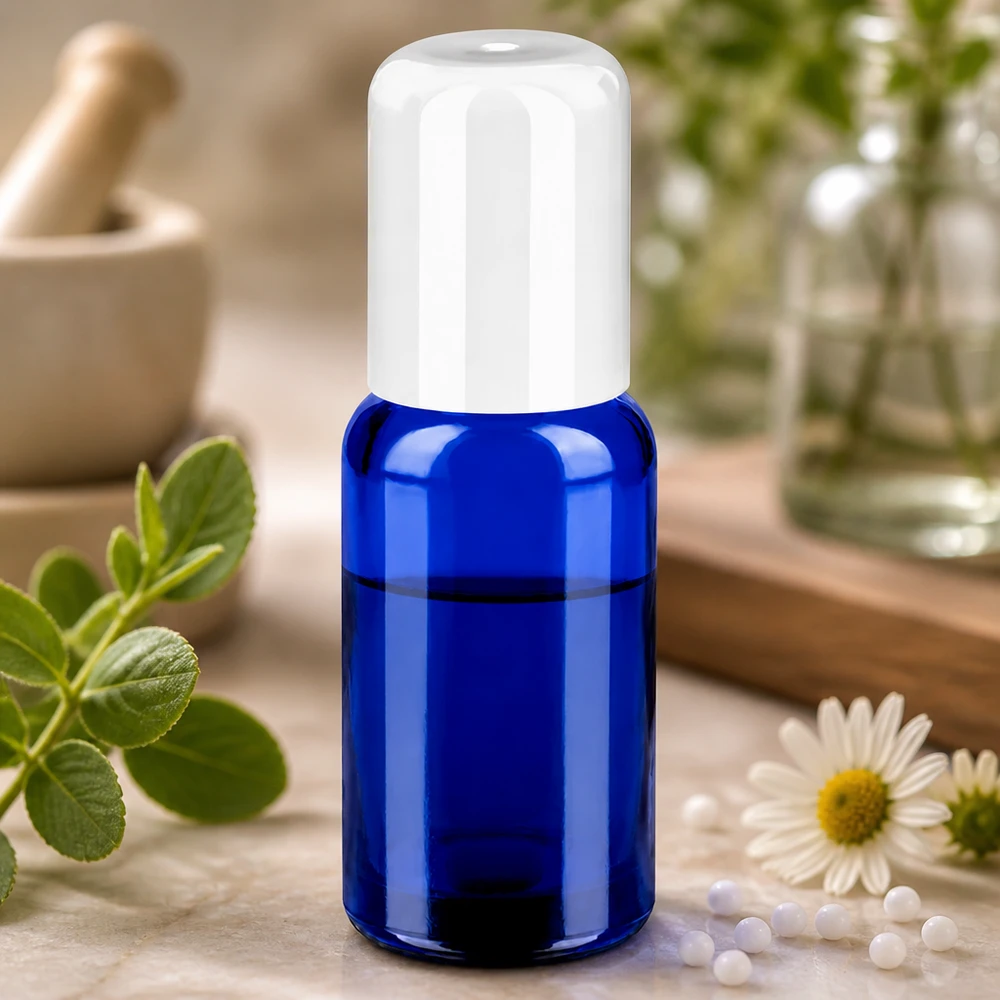 Flacone roll-on da 20 ml bianco STD BlueLine UT18/20 Pratico flacone in vetro da 20 ml con tappo roll-on in blu e bianco, adatto per i viaggi