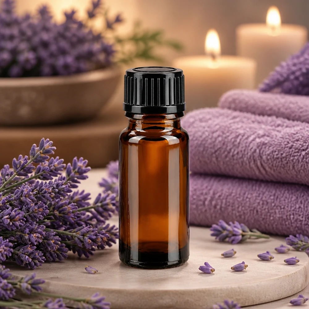 Flacone da farmacia marrone da 10 ml. SV STD nero/11mm ApoGlas Flacone da farmacia in vetro color ambra da 10 ml con tappo a vite nero, circondato da fiori di lavanda viola
