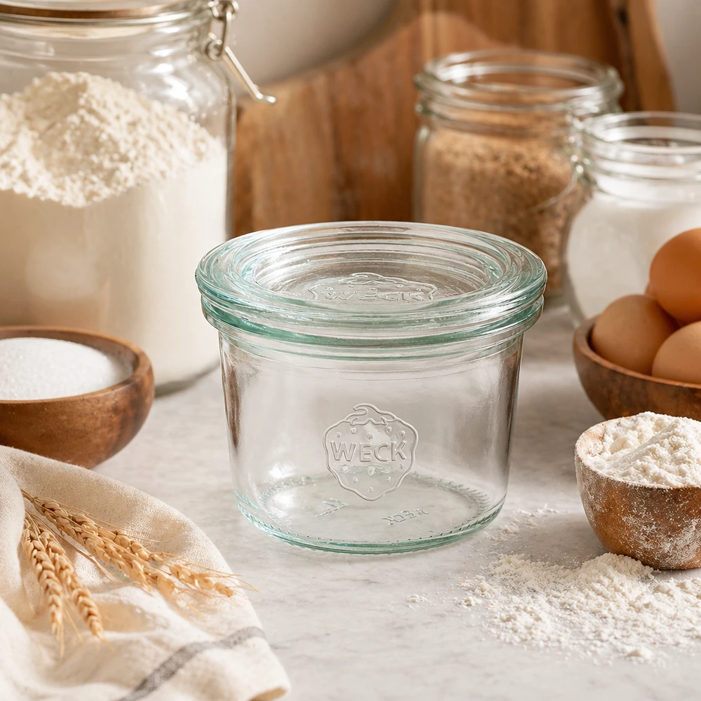 Barattolo di vetro da 80 ml con coperchio in vetro WECK RR60 WECK tumbler 80ml RR60 in cucina con ingredienti da forno farina uova e cereali per la conservazione e lo stoccaggio