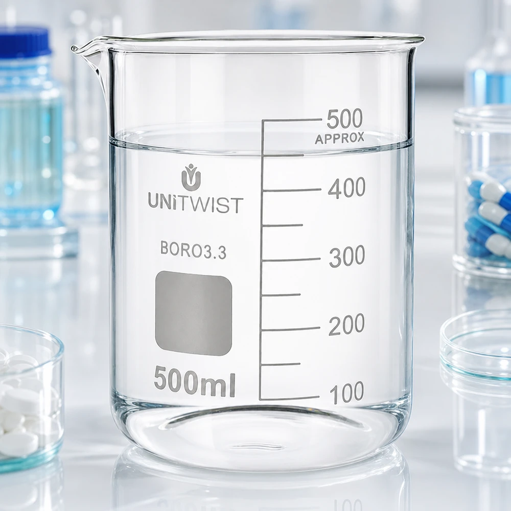 Bicchiere da laboratorio UNiTWIST da 500 ml in borosilicato, forma bassa con scala graduata trasparente, per uso di laboratorio