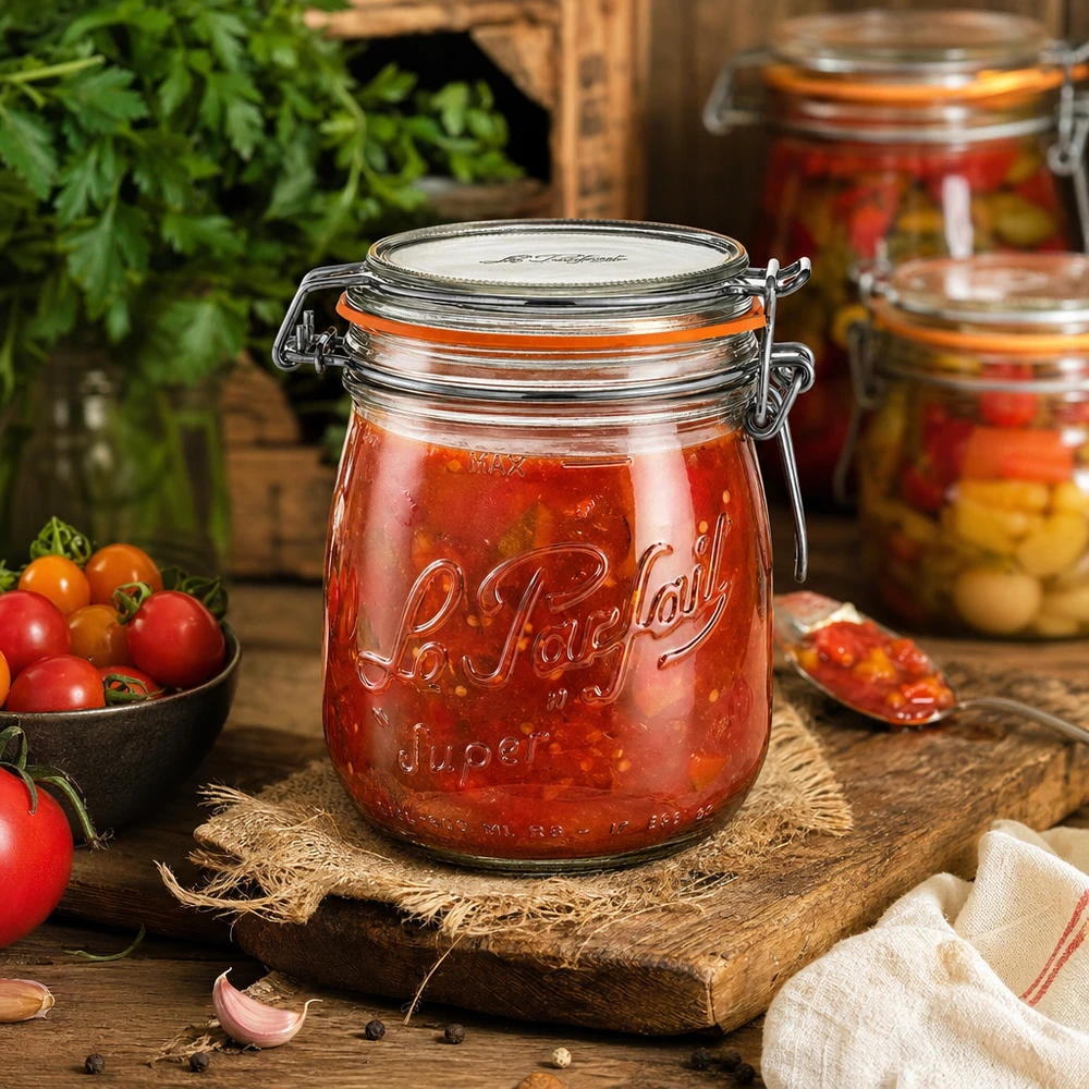 Barattolo Le Parfait Super da 750 ml con tappo girevole riempito di salsa di pomodoro su un tavolo di legno rustico