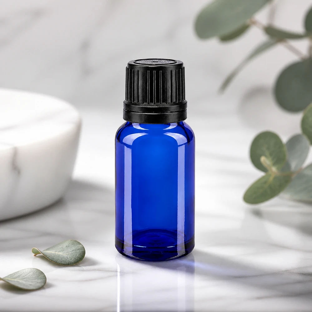 Flacone 10ml blu (Glo.) GR OV nero/8mm ApoGlas Vasetto da farmacia in miniatura da 10 ml, colore blu cobalto, con tappo a vite nero a prova di bambino