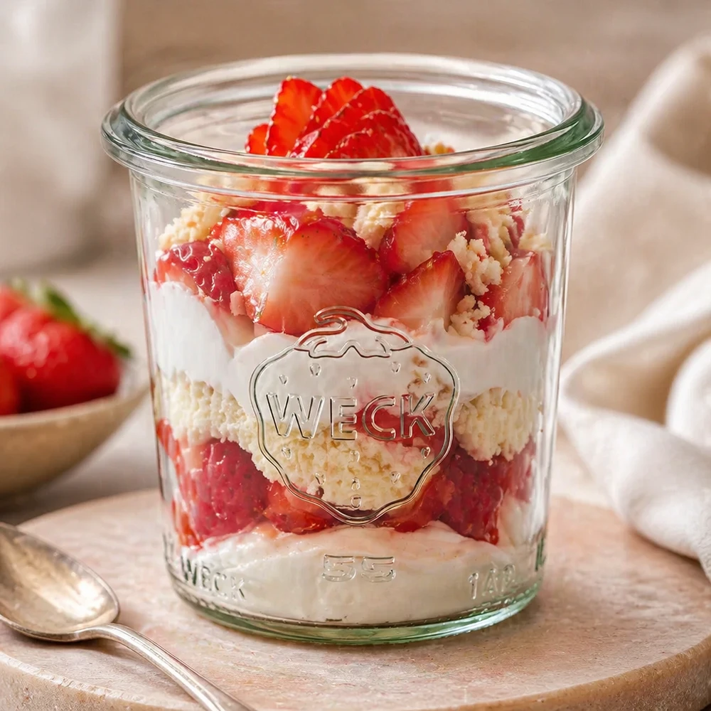 WECK RR60 Bicchieri da 140 ml con dessert alla fragola su tavola di legno con cucchiaio