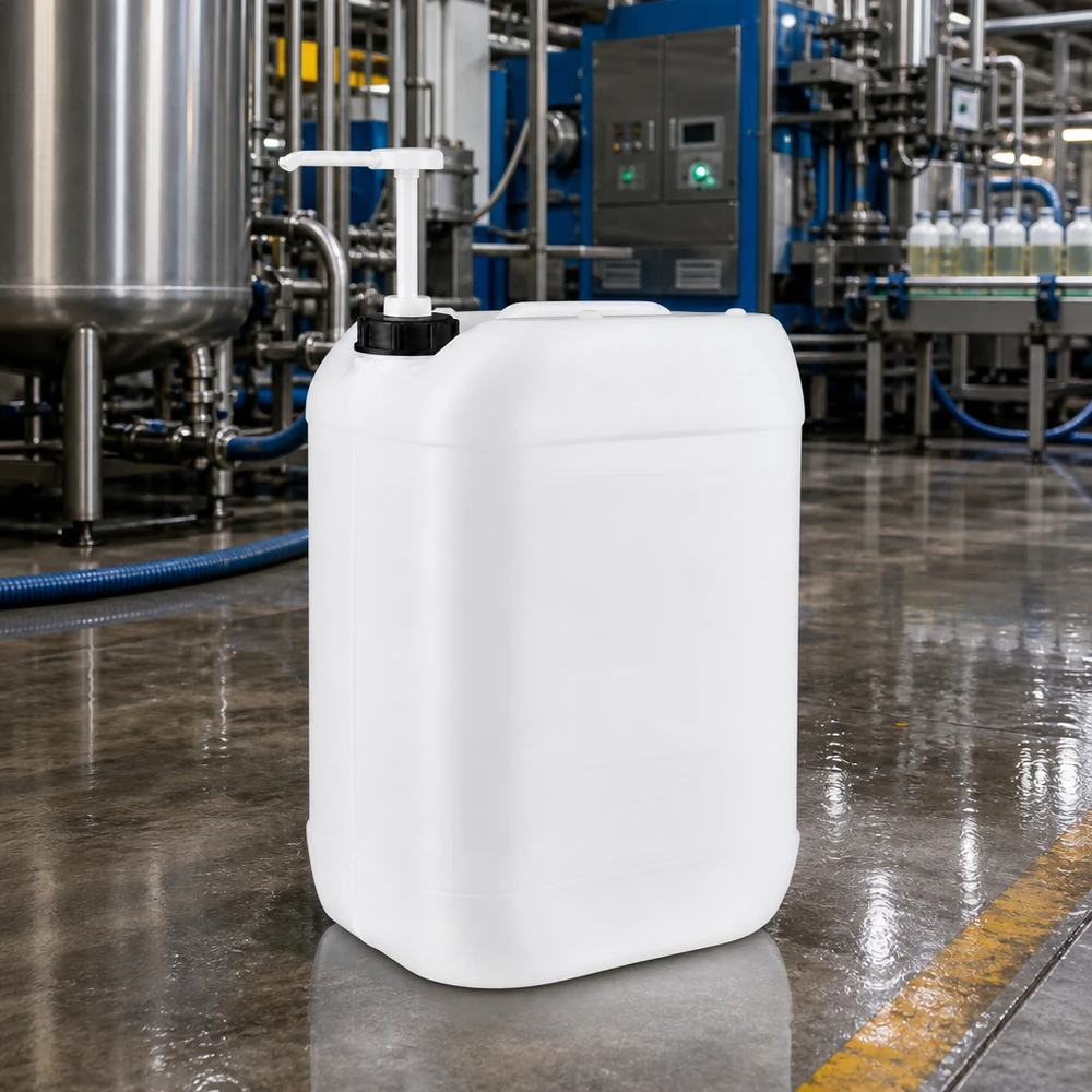 Tanica da 25 litri con pompa dosatrice Tanica industriale da 25 litri con pompa dosatrice su un pavimento in cemento lucido di un capannone di produzione