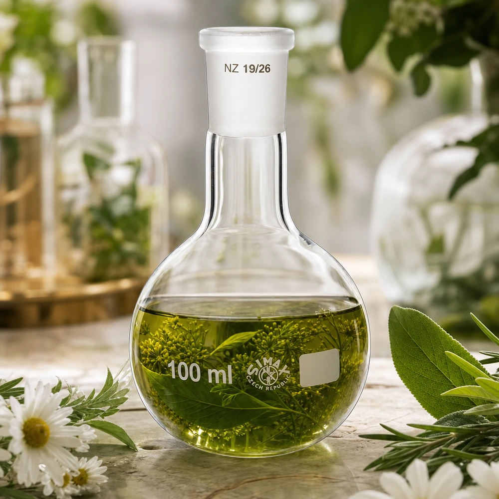 Macerato di erbe in un matraccio a fondo tondo da 100 ml - vetro borosilicato a parete spessa per applicazioni scientifiche