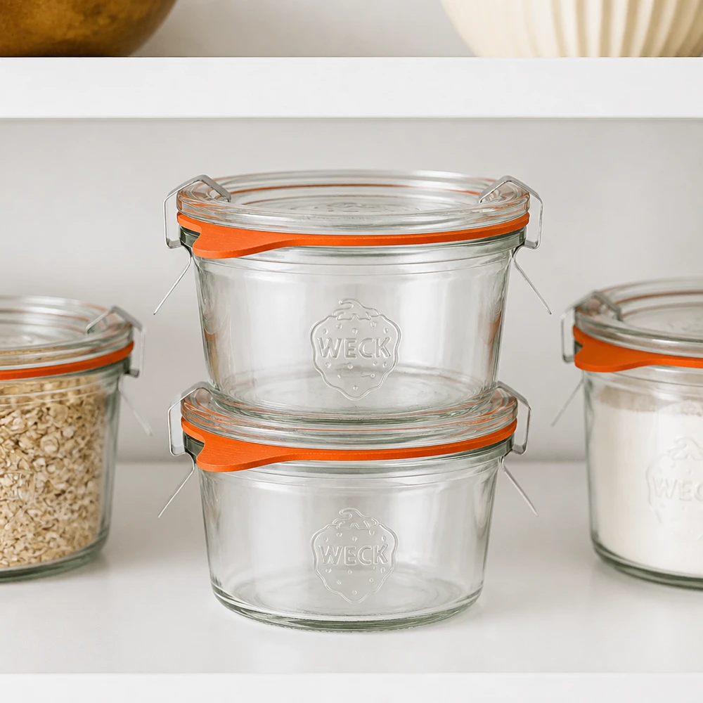 I tumbler RR60 da 50 ml di WECK sono impilati nella dispensa accanto ad altri barattoli per conserve per risparmiare spazio