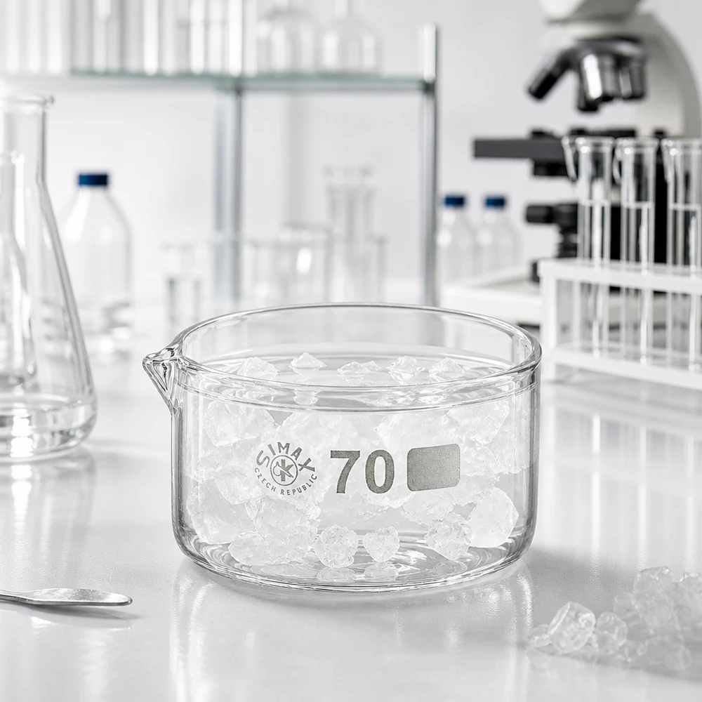 Cristallizzatore da 100 ml con beccuccio Bo.. ø70mm Contenitori piatti in vetro da 100 ml pieni di cristalli in laboratorio su un piano di lavoro bianco