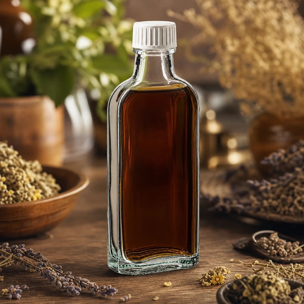Flacone trasparente Meplat da 100 ml con tappo bianco, tra erbe essiccate su un supporto di legno