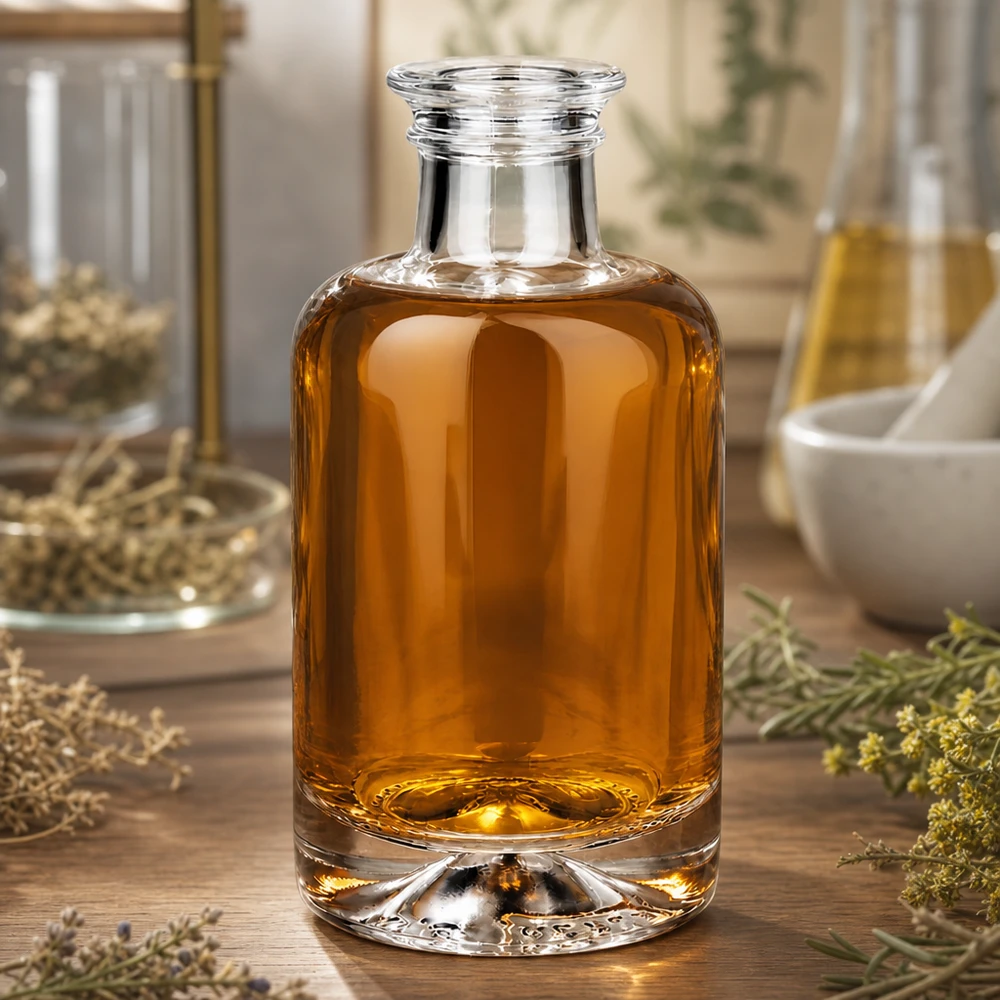 Flacone farmaceutico da 100 ml Sofia senza tappo UNiTWIST® 100ml Glasflasche Sofia mit bernsteinfarbenem Öl in natürlicher Kräuter-Deko-Szene auf Holzuntergrund