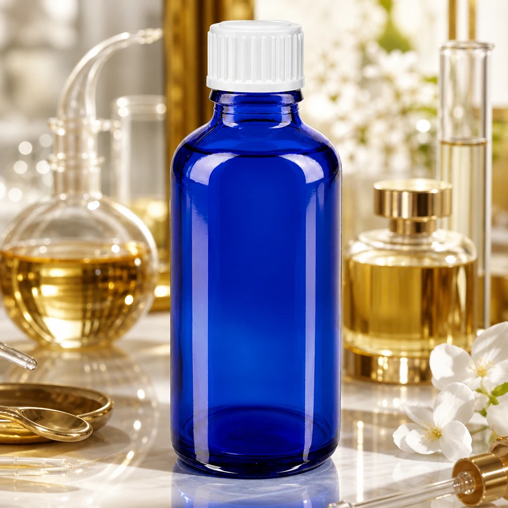 Flacone di vetro blu da 50 ml con tappo a vite bianco, tra strumenti da laboratorio dorati