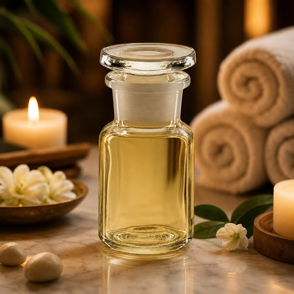 Flacone di vetro trasparente da 50 ml con collo largo e tappo, in un'atmosfera rilassante da spa con candele