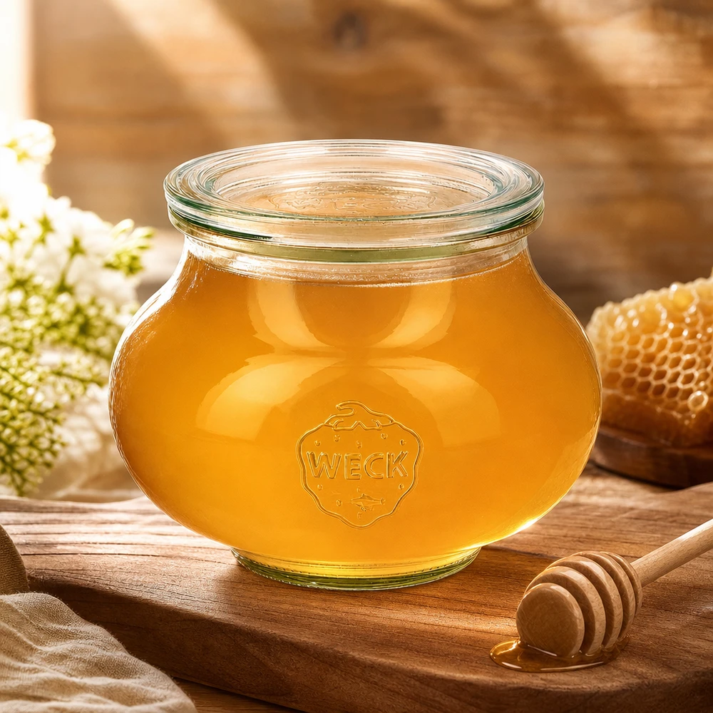 Vaso da gioielleria WECK da 560 ml RR80 riempito di miele accanto a un cucchiaio a nido d'ape e fiori bianchi su tavola di legno