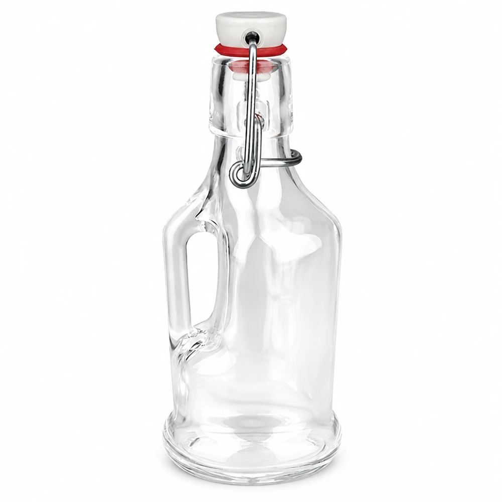 Bottiglia in vetro da 200 ml Bertha con tappo a clip in PVC UNiTWIST® Bottiglia in vetro da 200 ml Bertha con tappo a battente in PVC UNiTWIST, vetro trasparente, manico, tappo in ceramica bianca