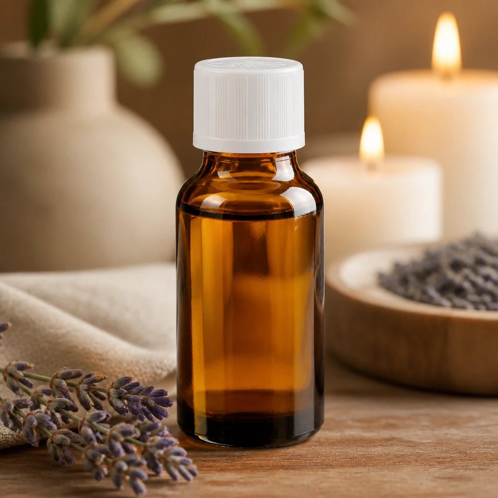 Flacone compatto in vetro ambrato da 20 ml con tappo a vite bianco e chiusura di sicurezza per bambini, accanto a fiori di lavanda