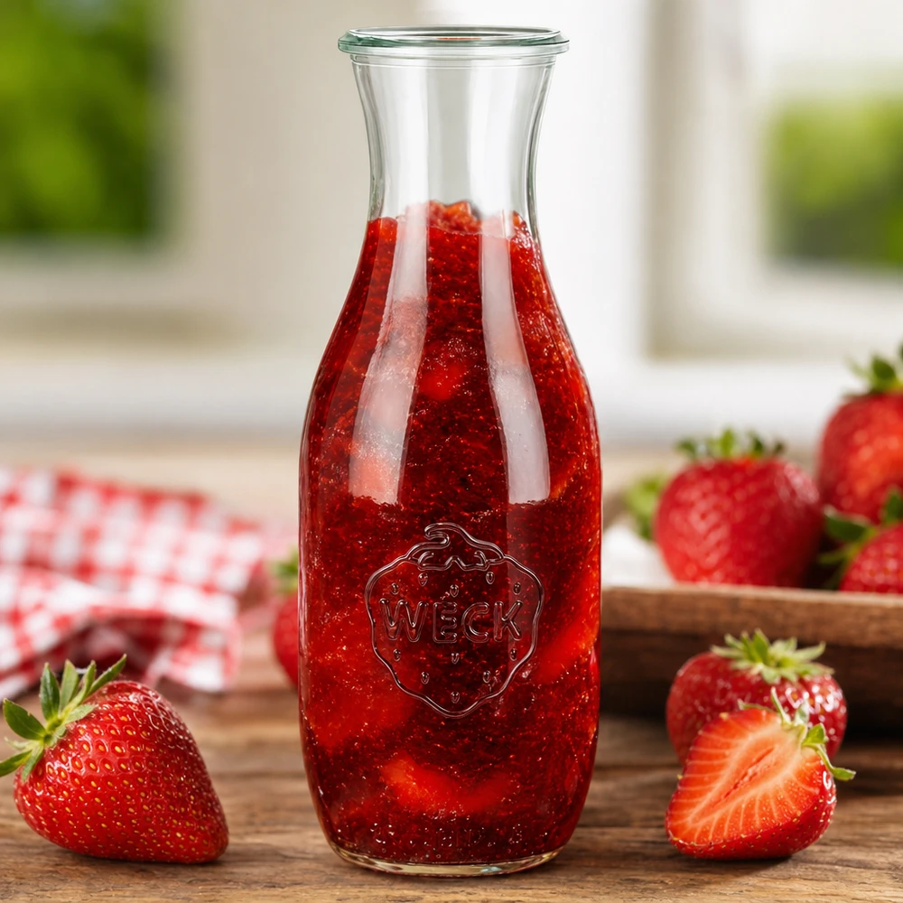 Bottiglia per succhi da 1062 ml WECK RR60 Bottiglia di succo WECK 1062ml RR60 riempita con succo di fragola rosso circondato da fragole fresche su una base di legno
