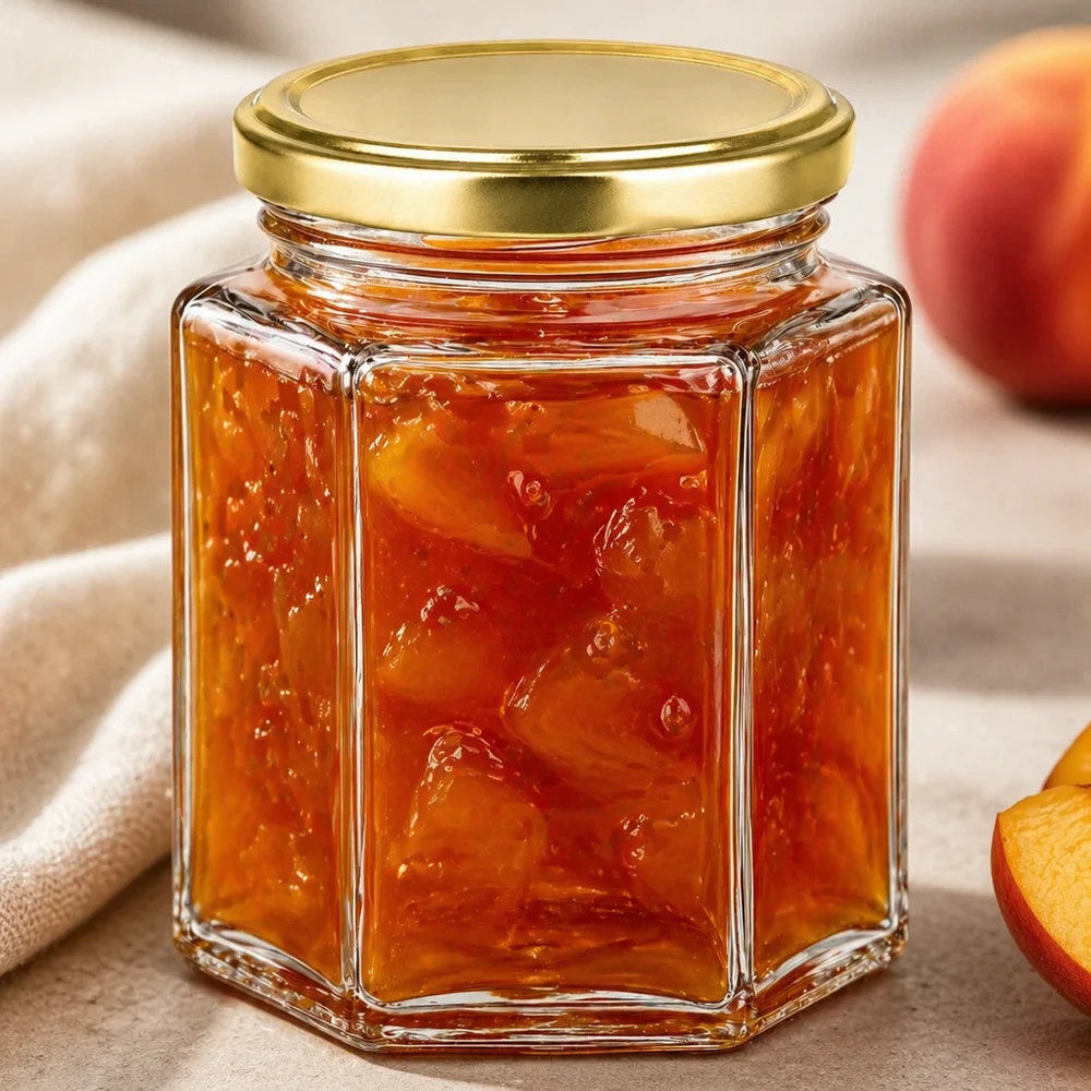 Vasetto per miele da 250 g con capsula dorata BasicSeal UNiTWIST Un vasetto di miele da 250 g BasicSeal riempito di marmellata accanto a una pesca mostra l'uso versatile della marmellata