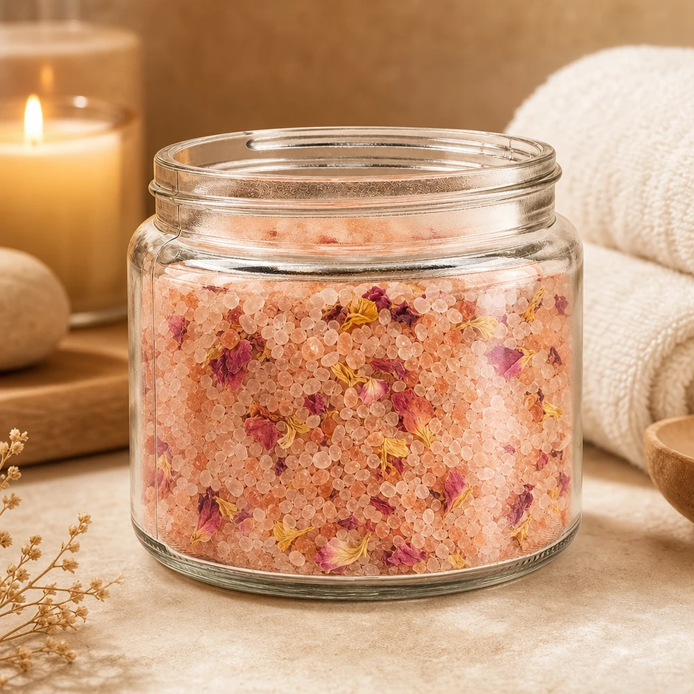 Vaso di vetro da 250 ml decorato in un ambiente termale naturale con sali da bagno, candele e asciugamano.