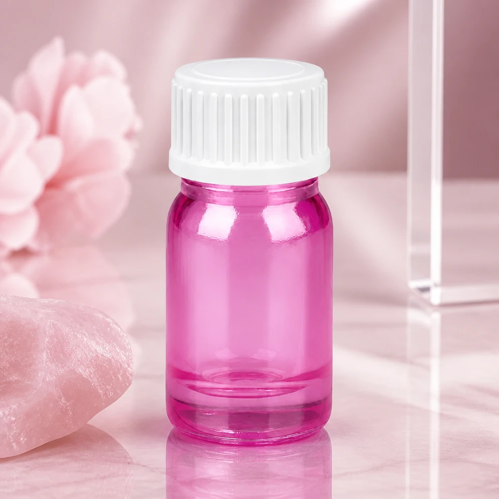 Flacone da 5 ml (globuli) con anello di versamento bianco standard PurpleLine UT18/5 Elegante flacone in vetro rosa da 5 ml con tappo bianco, ideale per oli profumati ed essenze miscelati a mano.