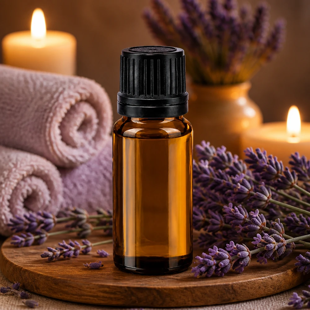 Flacone in vetro da farmacia da 10 ml color ambra con tappo di sicurezza nero e decorazione a tema lavanda