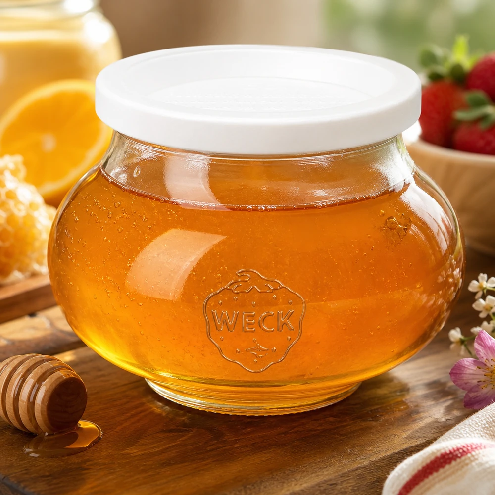 Vaso di miele WECK da 560 ml RR80 riempito di miele e cucchiaio di miele su una tavola di legno rustica con fette d'arancia