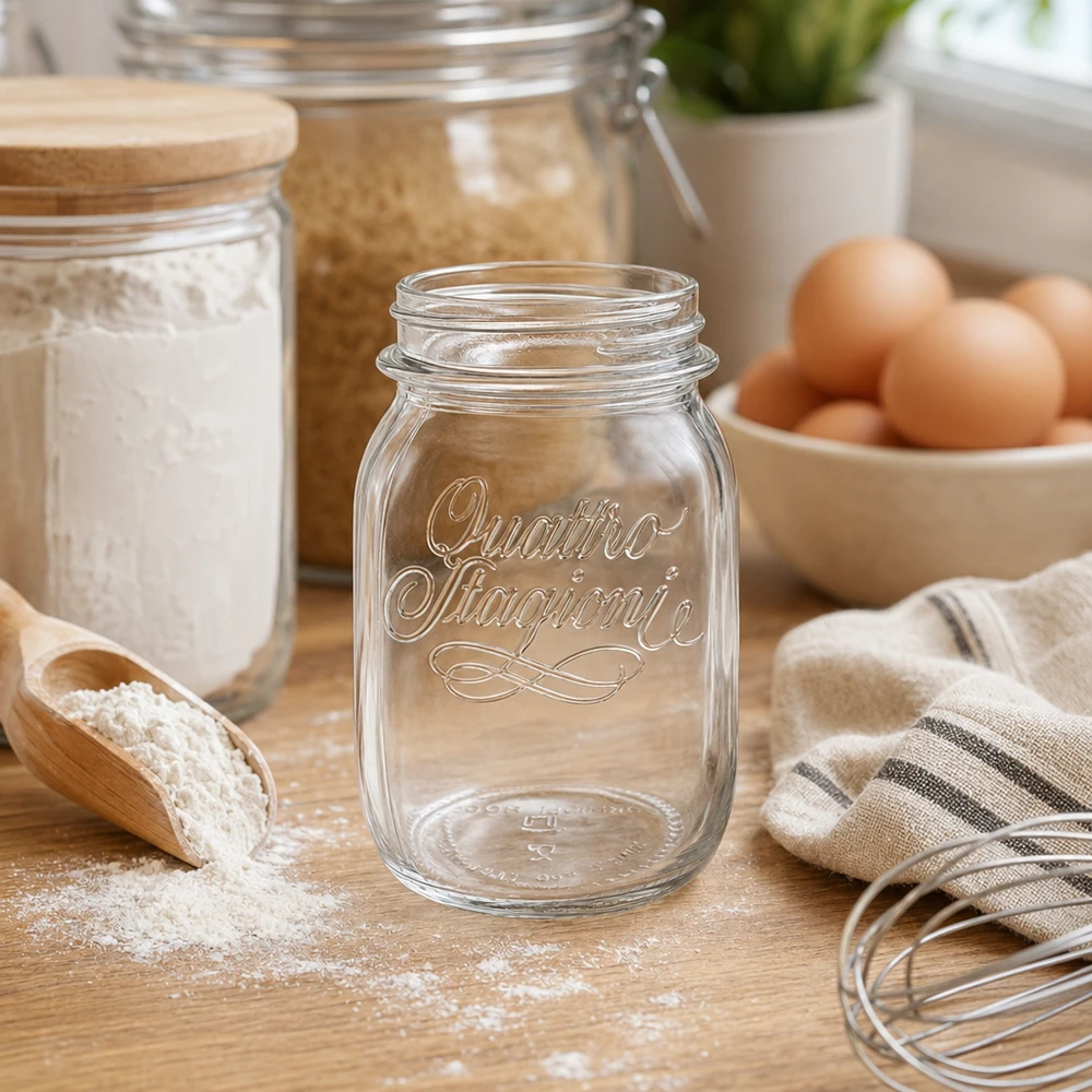 Vaso domestico "Quattro Stagioni" da 500 ml Bicchiere per la casa Quattro Stagioni da 500 ml su un tavolo di legno con utensili da cucina, uova e farina sullo sfondo