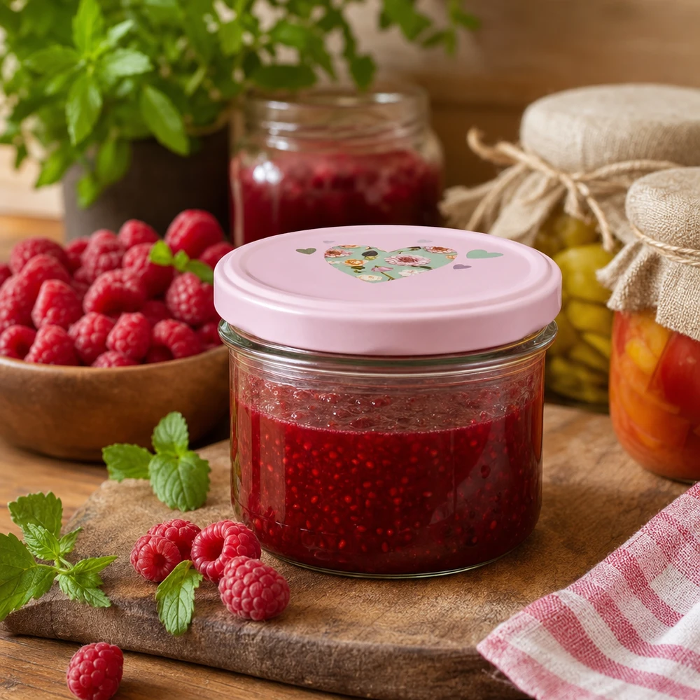 Bicchieri da 225 ml + coperchio BasicSeal cuore rosa UNiTWIST Marmellata di lamponi fatta in casa in un vaso da 225 ml con coperchio rosa BasicSeal a forma di cuore, circondato da lamponi freschi.