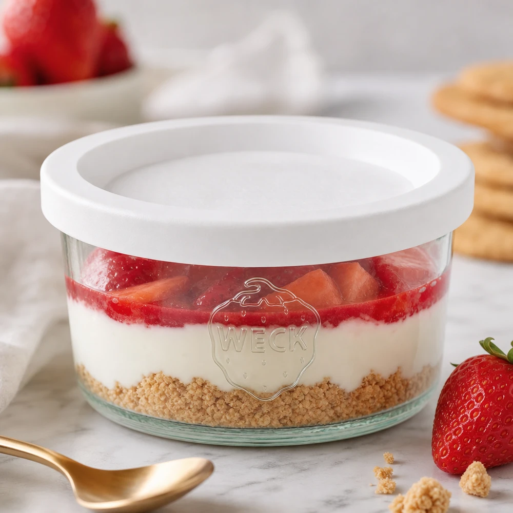 Bicchieri WECK 165ml RR80 come ciotola da dessert con fragole e base di biscotto accanto a un cucchiaio dorato su marmo