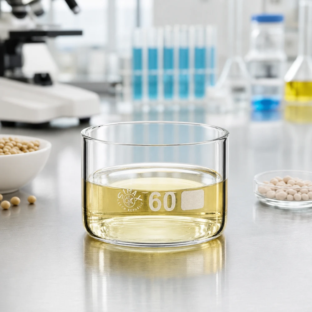 Bicchiere per cristallizzazione da 60 ml senza beccuccio Bo.. ø60mm Vaschetta di cristallizzazione da 60 ml contenente una soluzione giallastra nel laboratorio di ricerca, accanto agli estratti di soia