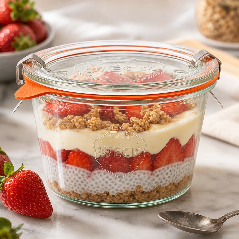 I tumbler WECK da 370 ml RR100 con dessert a strati di chia pudding e fragole mostrano un uso versatile come vaso da porzione