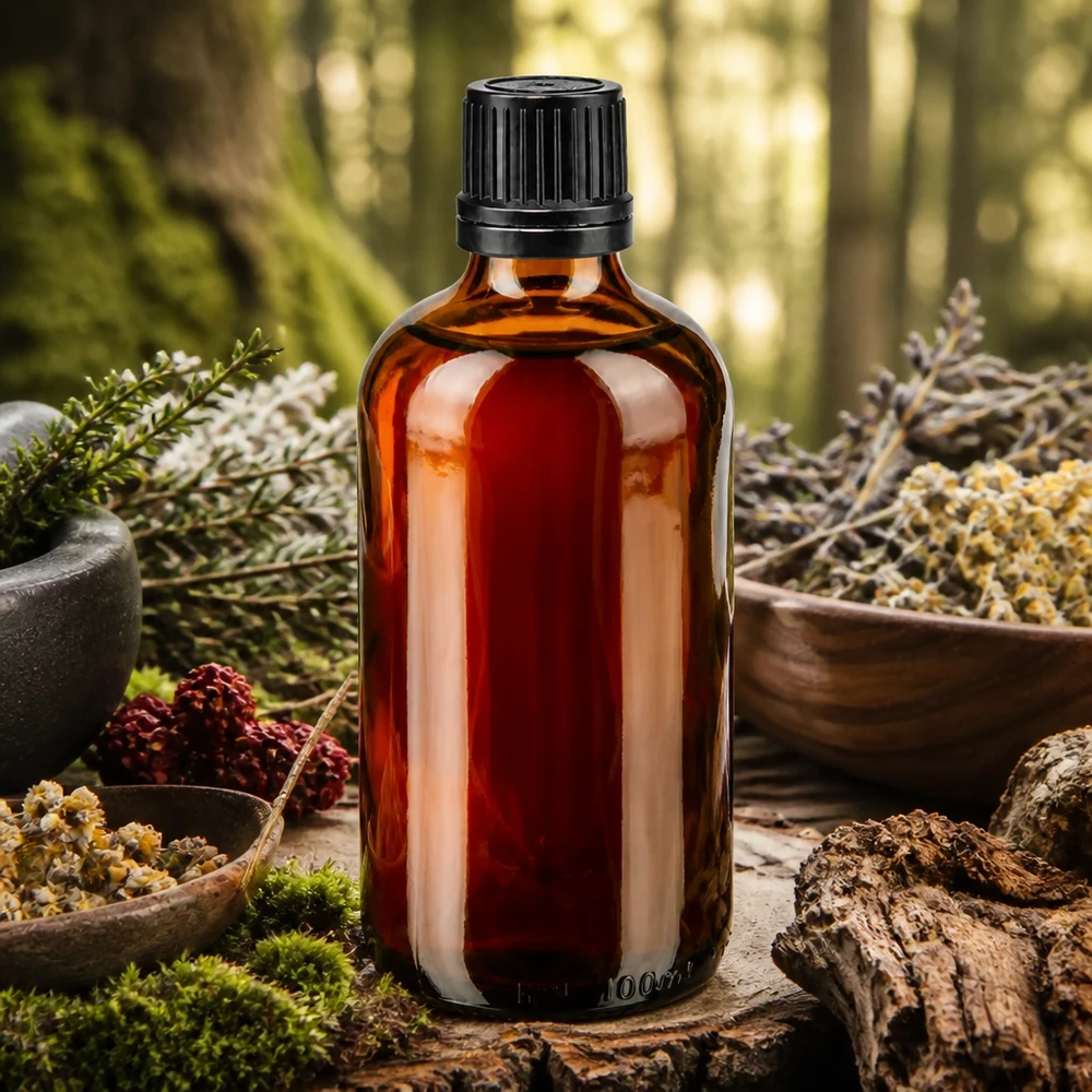 Flacone contagocce da 100 ml in vetro ambrato con tappo OV nero, circondato da erbe di bosco e materiali naturali