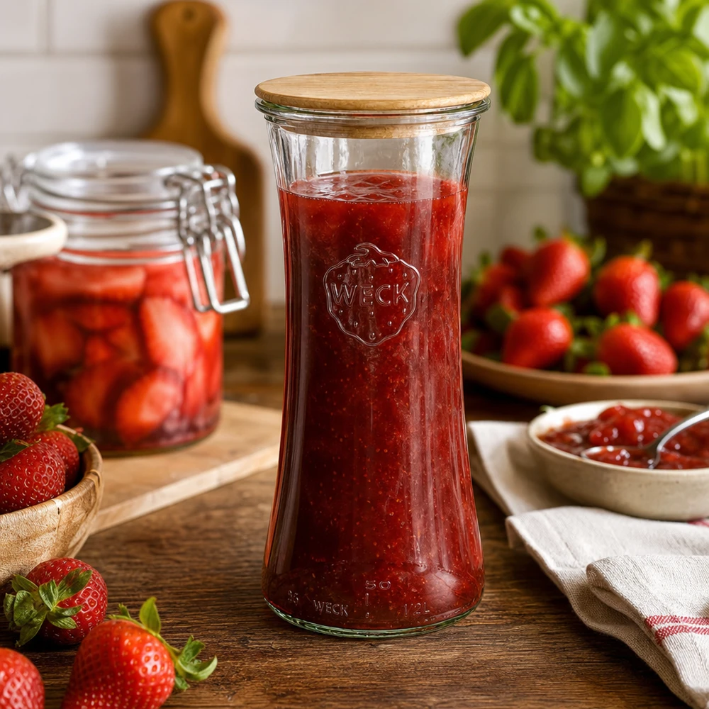 Barattolo da 700 ml WECK RR80 con coperchio di legno WECK barattolo in vetro 700ml con coperchio in bambù riempito di marmellata di fragole cucina scena conservazione