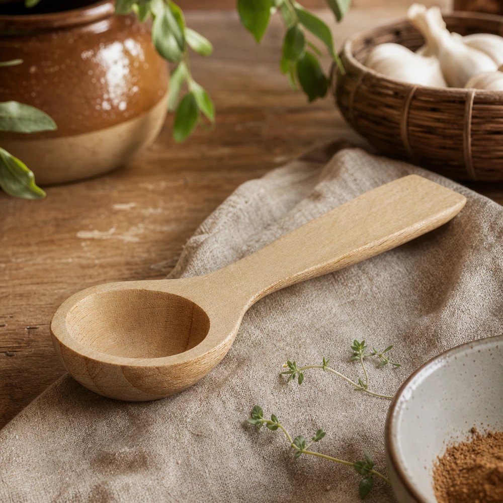 Piccola pala in legno a forma di cucchiaio su panno di lino decorato con erbe aromatiche scena di cucina rustica legno di faggio 7,7cm