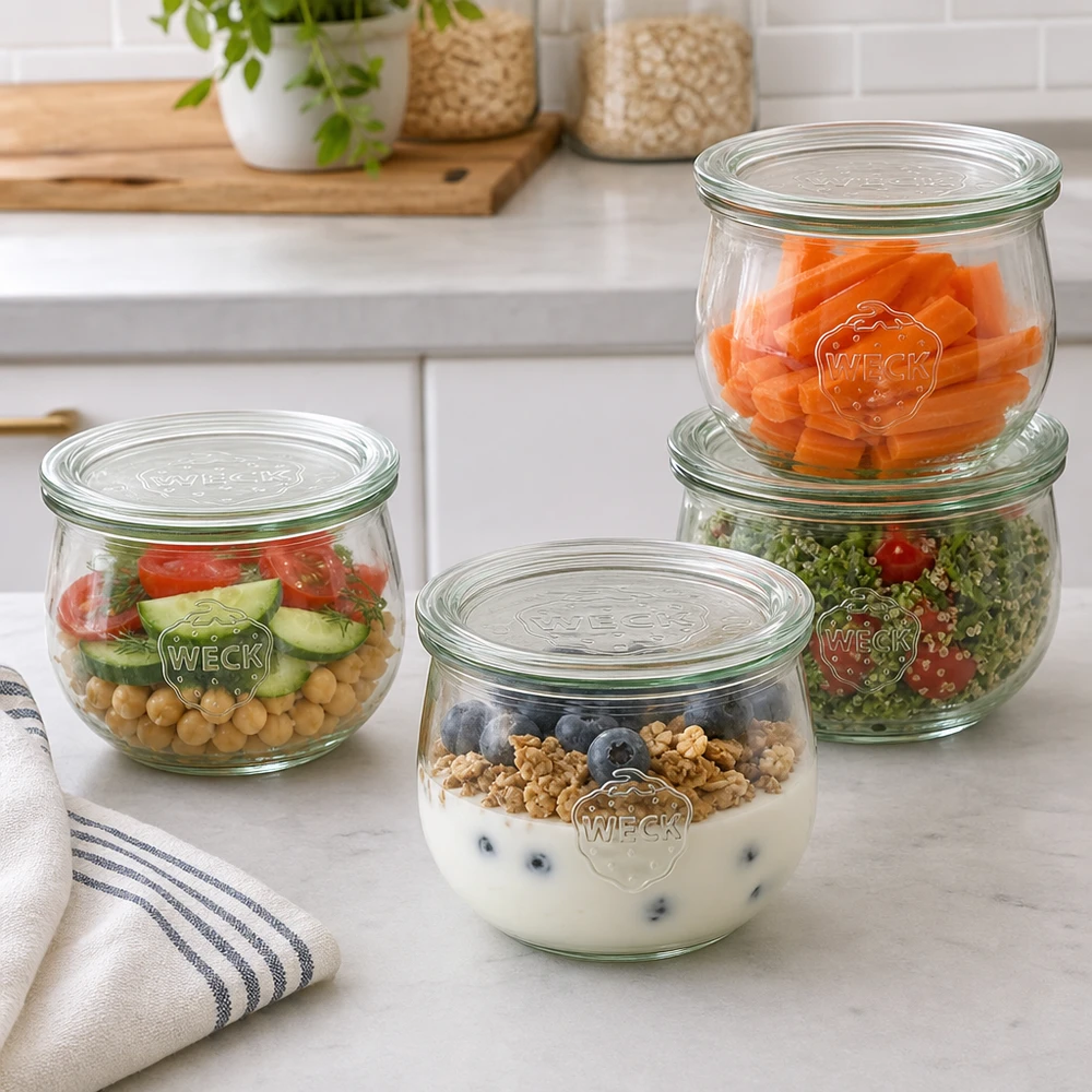 Barattolo a tulipano da 580 ml con coperchio in vetro WECK RR100 Barattoli a tulipano WECK da 580 ml RR100 come pratici contenitori per la preparazione dei pasti con insalata, yogurt e verdure nella cucina moderna