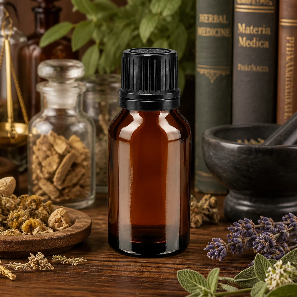 Bottiglia da farmacia marrone da 15 ml con tappo a vite nero. OV Flacone da farmacia marrone da 15 ml con tappo a vite, tra erbe medicinali (lavanda) e libri di Materia Medica