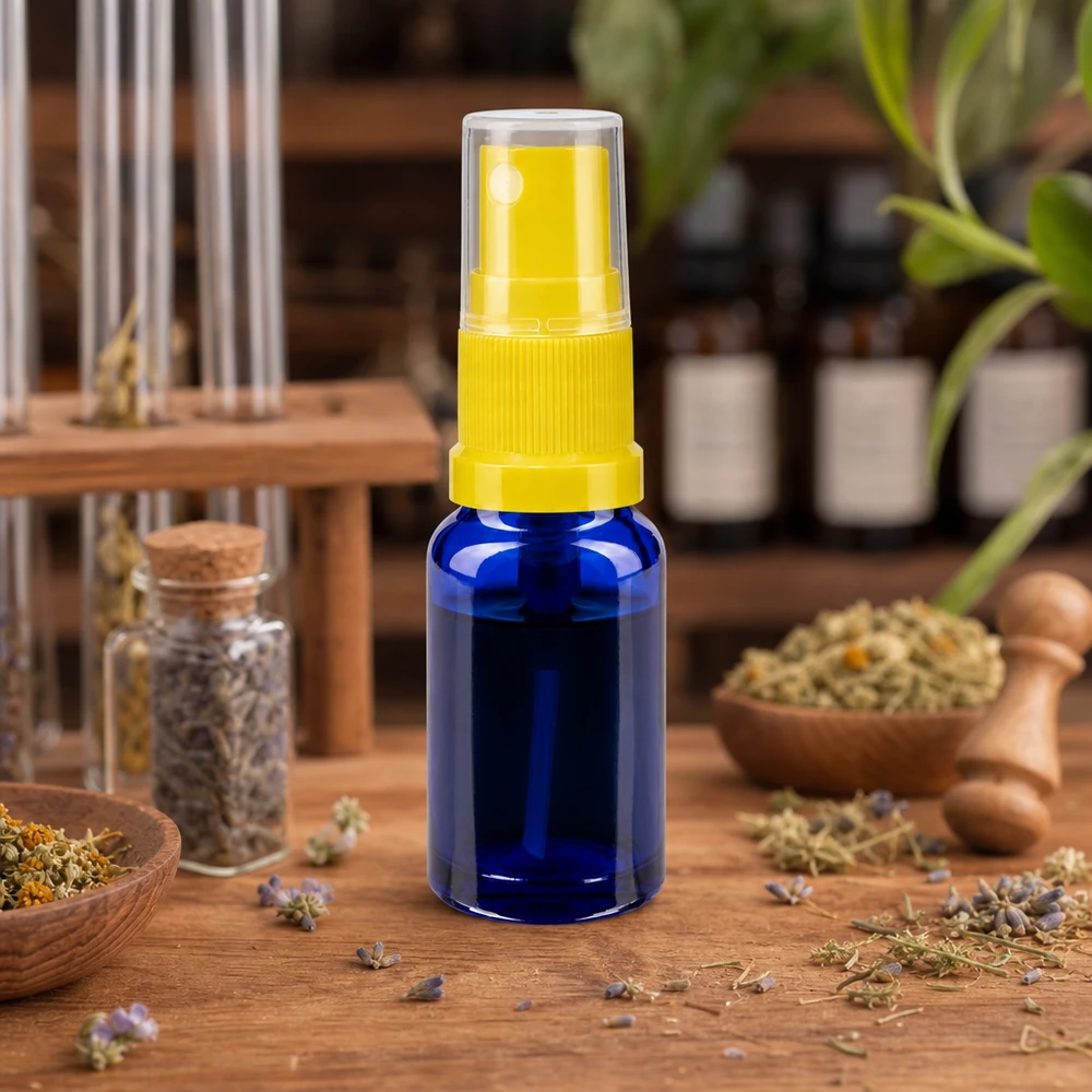 Flacone da farmacia blu da 30 ml con erogatore a spruzzo giallo, tra erbe essiccate e piante medicinali