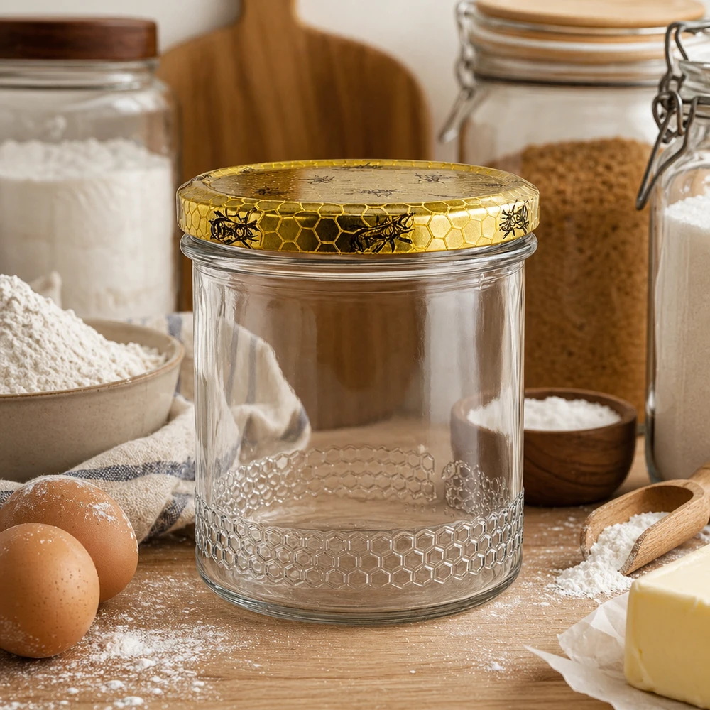 Vasetto per miele da 560 g con capsula a favo BasicSeal UNiTWIST Vaso di miele da 400 ml vuoto con coperchio dorato a nido d'ape in cucina rustica, ingredienti da forno e uova per l'apicoltura