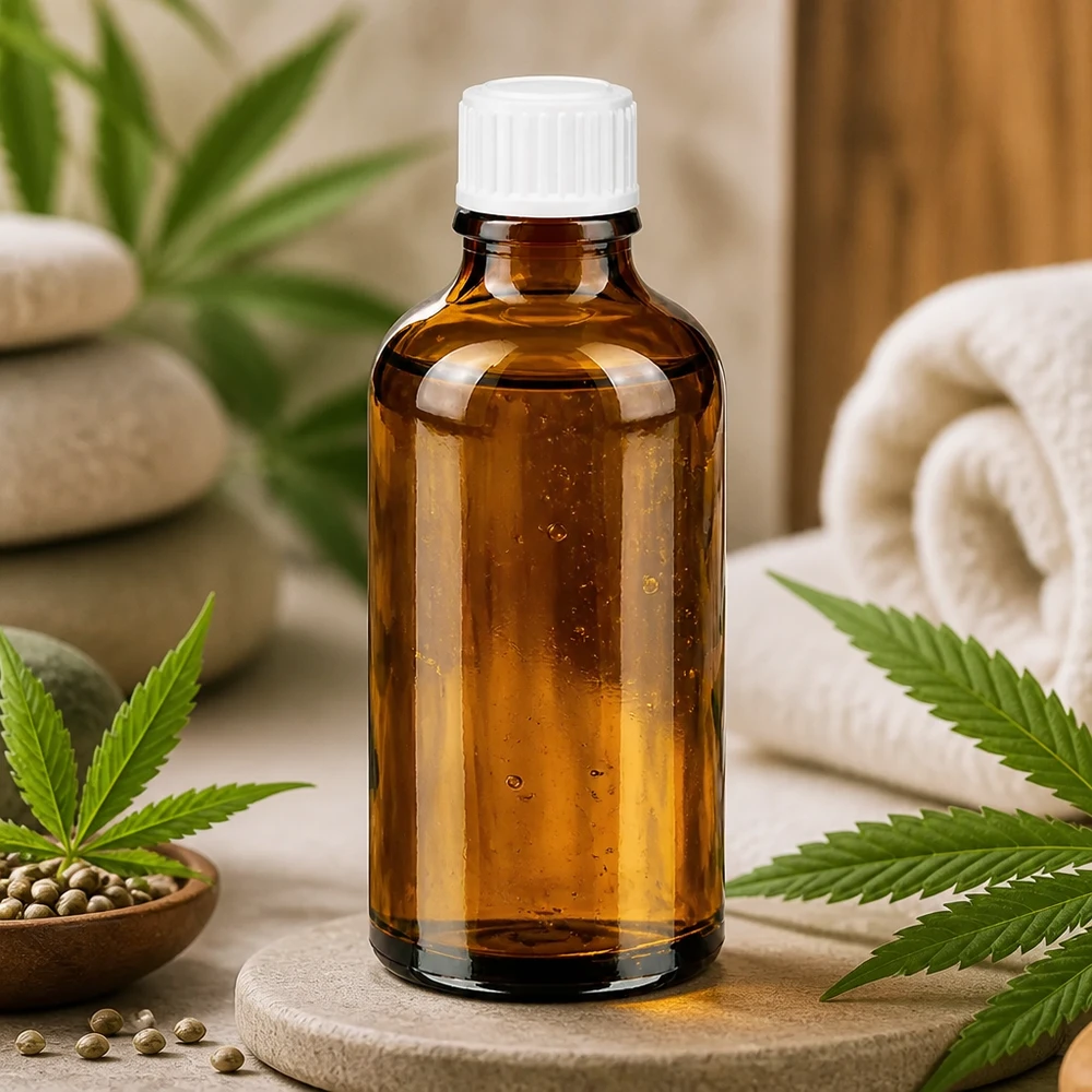 Flacone contagocce marrone ApoGlas da 50 ml con tappo bianco, decorato con foglie di cannabis e semi di canapa