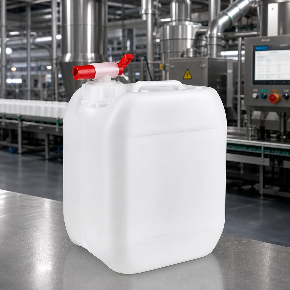 Tanica da 5 litri con rubinetto di scarico Tanica compatta da 5 litri con maniglia di trasporto integrata e rubinetto di scarico rosso in ambiente industriale